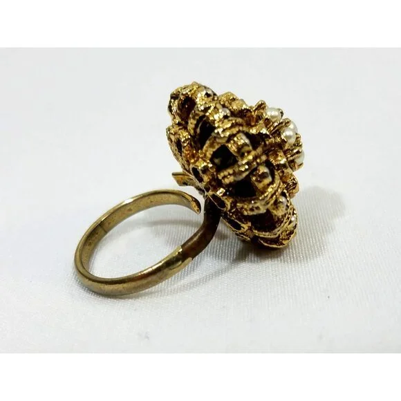 Vintage Gold-Tone Adjustable Costume Ring Faux Pearl Cluster Design Cocktail - Picture 6 of 7